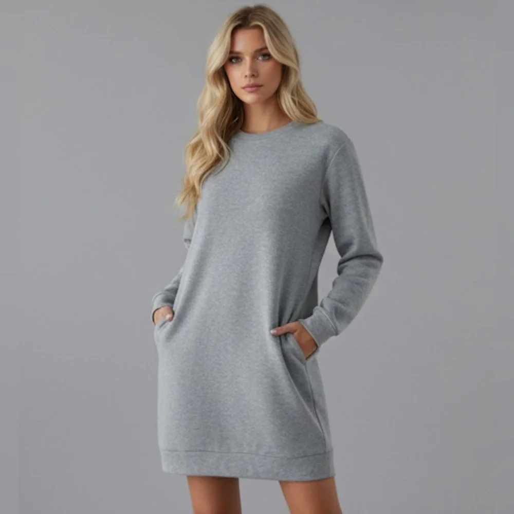 Grey Sweatshirt Dress With Pockets